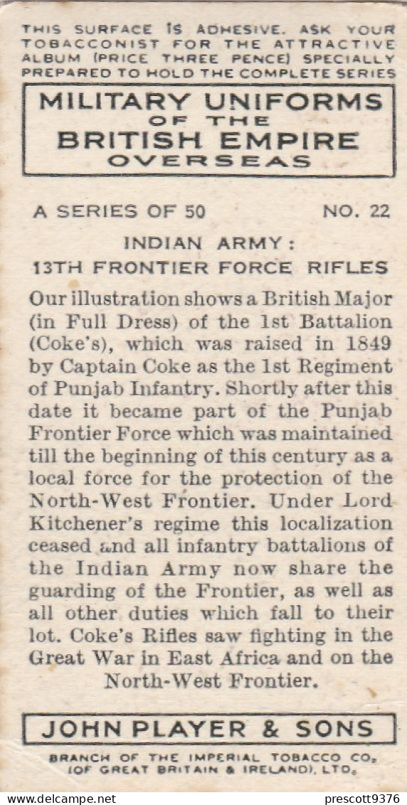 Military Uniforms British Empire 1938 - Players Cigarette Card - 22 Frontier Force Rifles , India - Player's