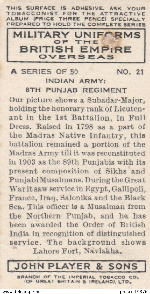 Military Uniforms British Empire 1938 - Players Cigarette Card - 21 Punjab Regt, Indian Army - Player's