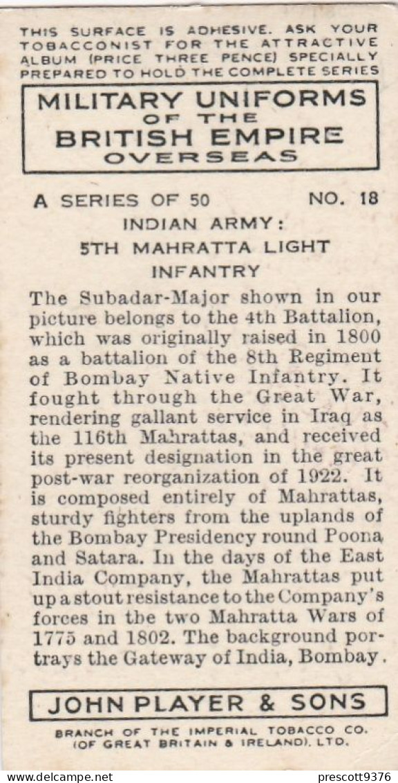 Military Uniforms British Empire 1938 - Players Cigarette Card - 18 Mahratta Light Infantry, Indian Army - Player's