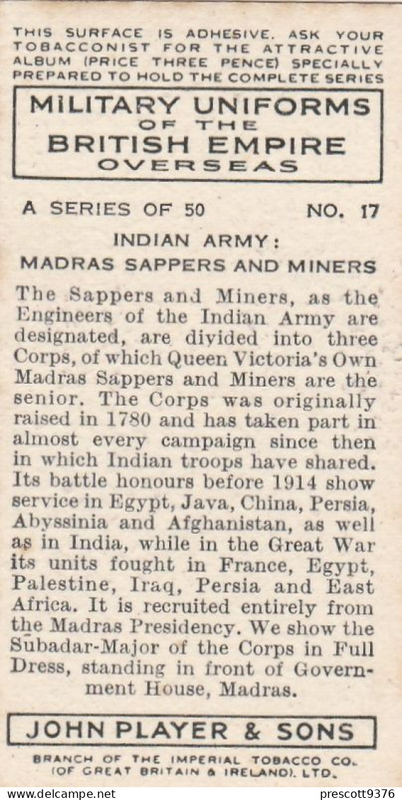 Military Uniforms British Empire 1938 - Players Cigarette Card - 17 Madras Sappers & Miners, Indian Army - Player's