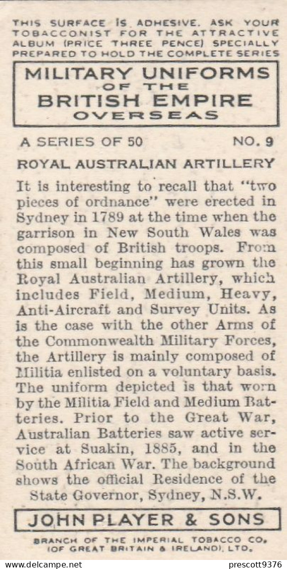 Military Uniforms British Empire 1938 - Players Cigarette Card - 9 Royal Australian Artillery - Player's