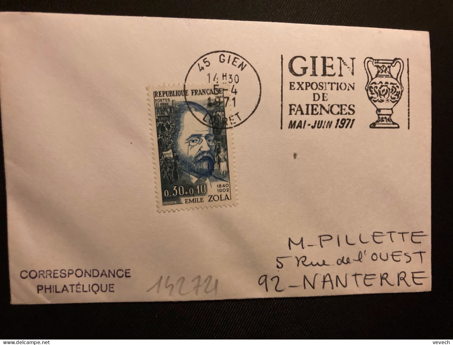 LETTRE TP EMILE ZOLA 0,30+0,10 OBL.MEC.5-4 1971 45 GIEN EXPOSITION DE FAIENCES MAI-JUIN 1971 - Porcelaine