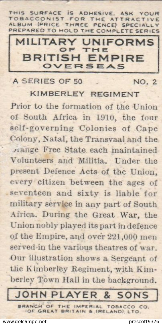 Military Uniforms British Empire 1938 -  Players Cigarette Card - 2 Kimberley Regt, South Africa - Player's