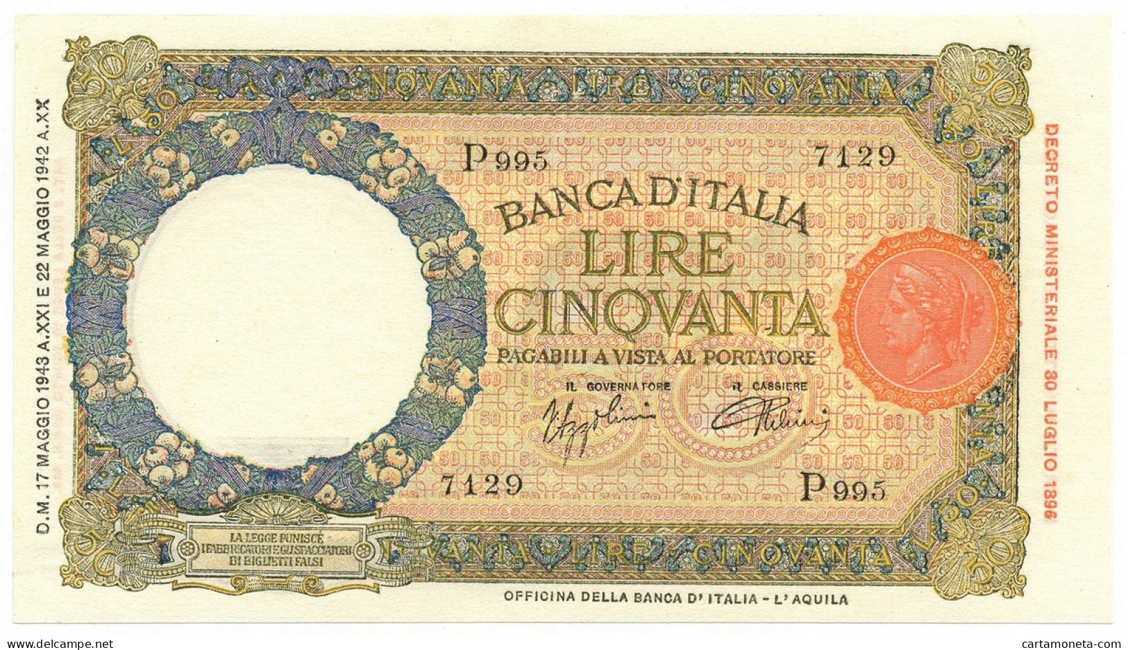 50 LIRE CAPRANESI LUPA CAPITOLINA M. STRETTO FASCIO L'AQUILA 17/05/1943 FDS-/FDS - Sonstige