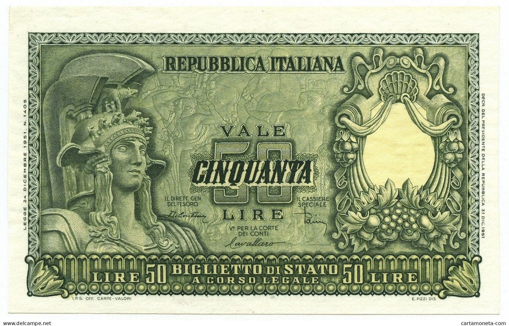 50 LIRE BIGLIETTO DI STATO ITALIA ELMATA DI CRISTINA 31/12/1951 FDS-/FDS - Autres & Non Classés