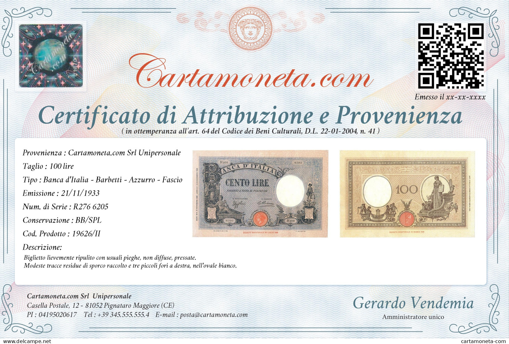 100 LIRE BARBETTI GRANDE B AZZURRO TESTINA FASCIO 21/11/1933 BB/SPL - Regno D'Italia – Other