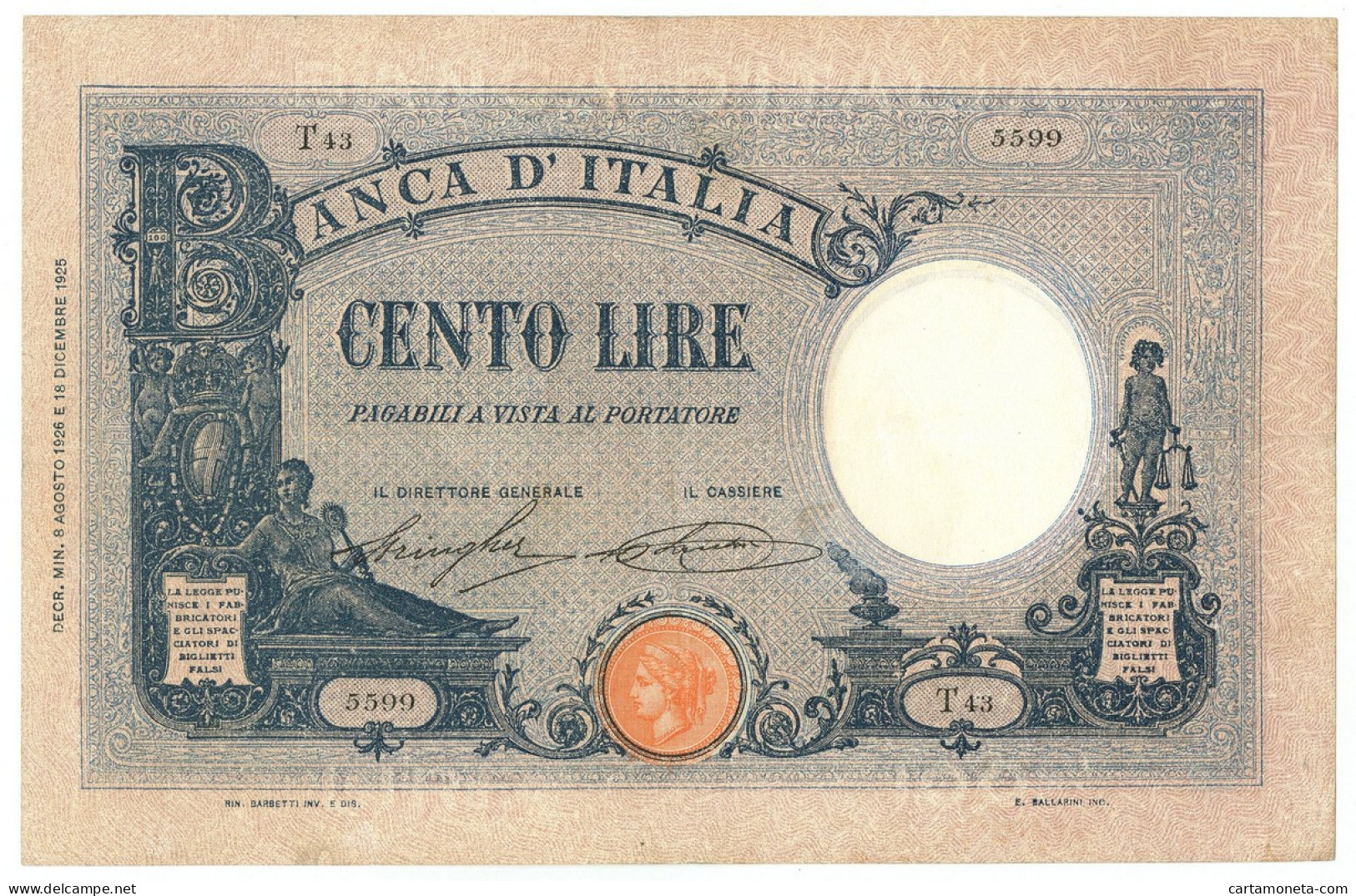 100 LIRE BARBETTI GRANDE B AZZURRO TESTINA DECRETO 08/08/1926 BB - Sonstige