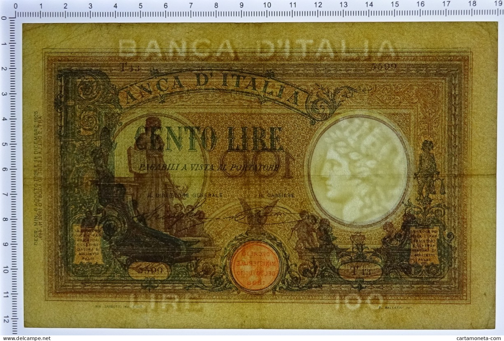 100 LIRE BARBETTI GRANDE B AZZURRO TESTINA DECRETO 08/08/1926 BB - Sonstige