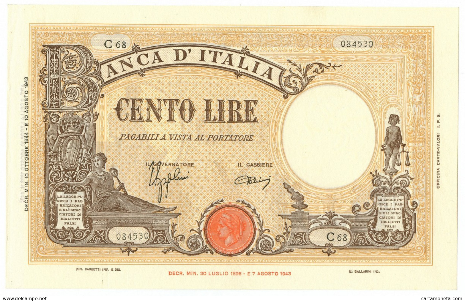 100 LIRE BARBETTI GRANDE B GIALLO TESTINA RETRO BI RSI 10/10/1944 SUP+ - Regno D'Italia – Autres