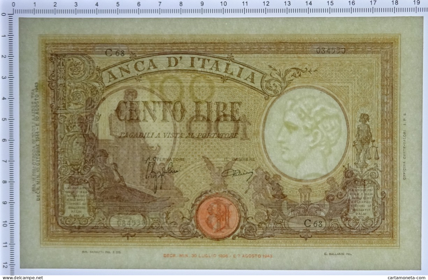 100 LIRE BARBETTI GRANDE B GIALLO TESTINA RETRO BI RSI 10/10/1944 SUP+ - Regno D'Italia - Altri