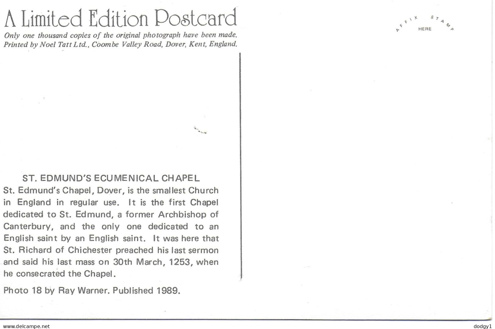 ST. EDMUNDS CHAPEL, DOVER, KENT, ENGLAND. UNUSED POSTCARD   Zq2 - Dover