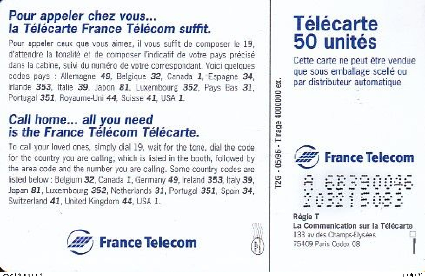 F656Aa 05/1996 - TÉLÉCARTE - CALL HOME 96 - 50 SO7 TG2 - (verso : N° Deux Lignes) - 1996