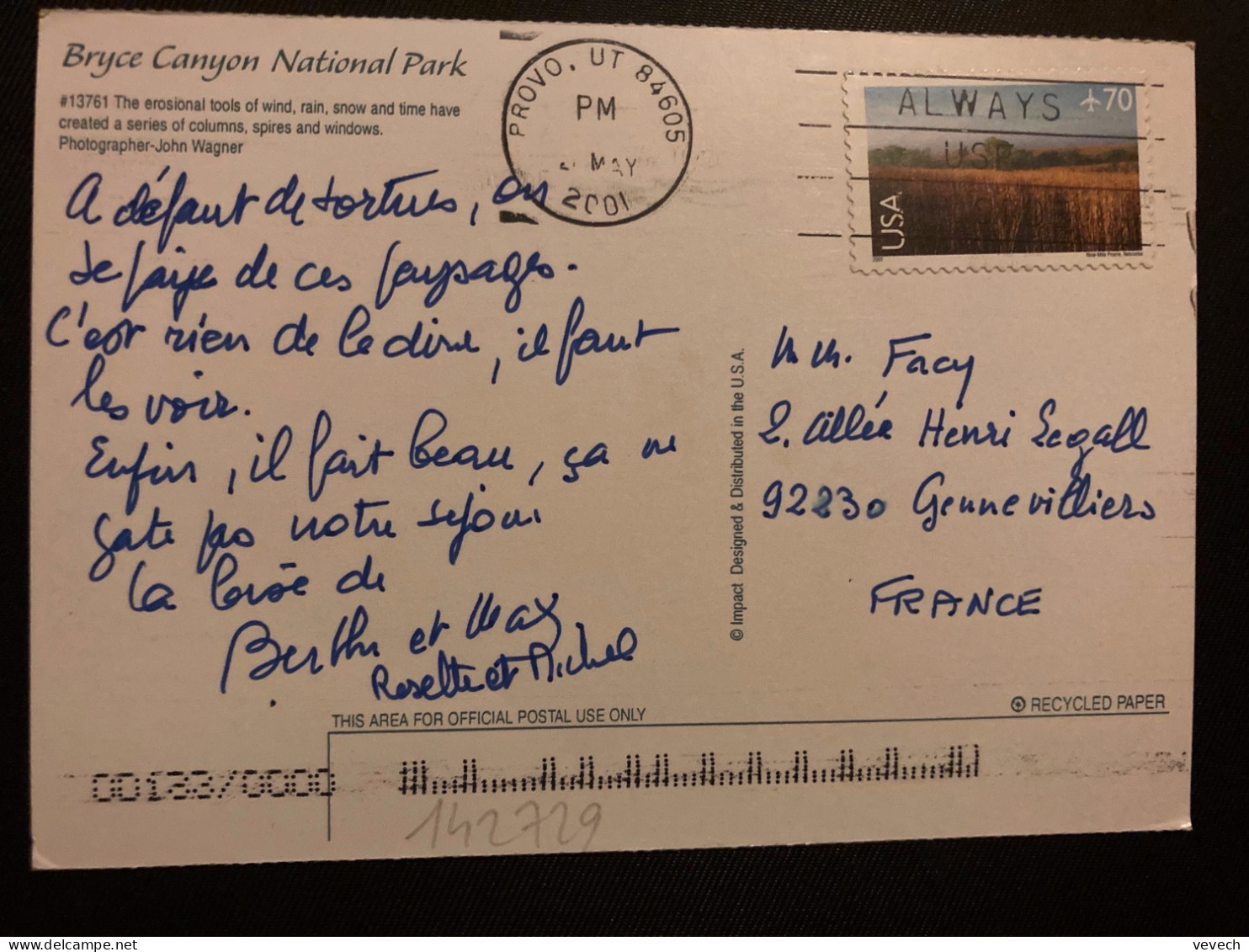 CP Pour La FRANCE TP CHAMP DE BLE 70 OBL.MEC.21 MAY 2001 PROVO - Lettres & Documents