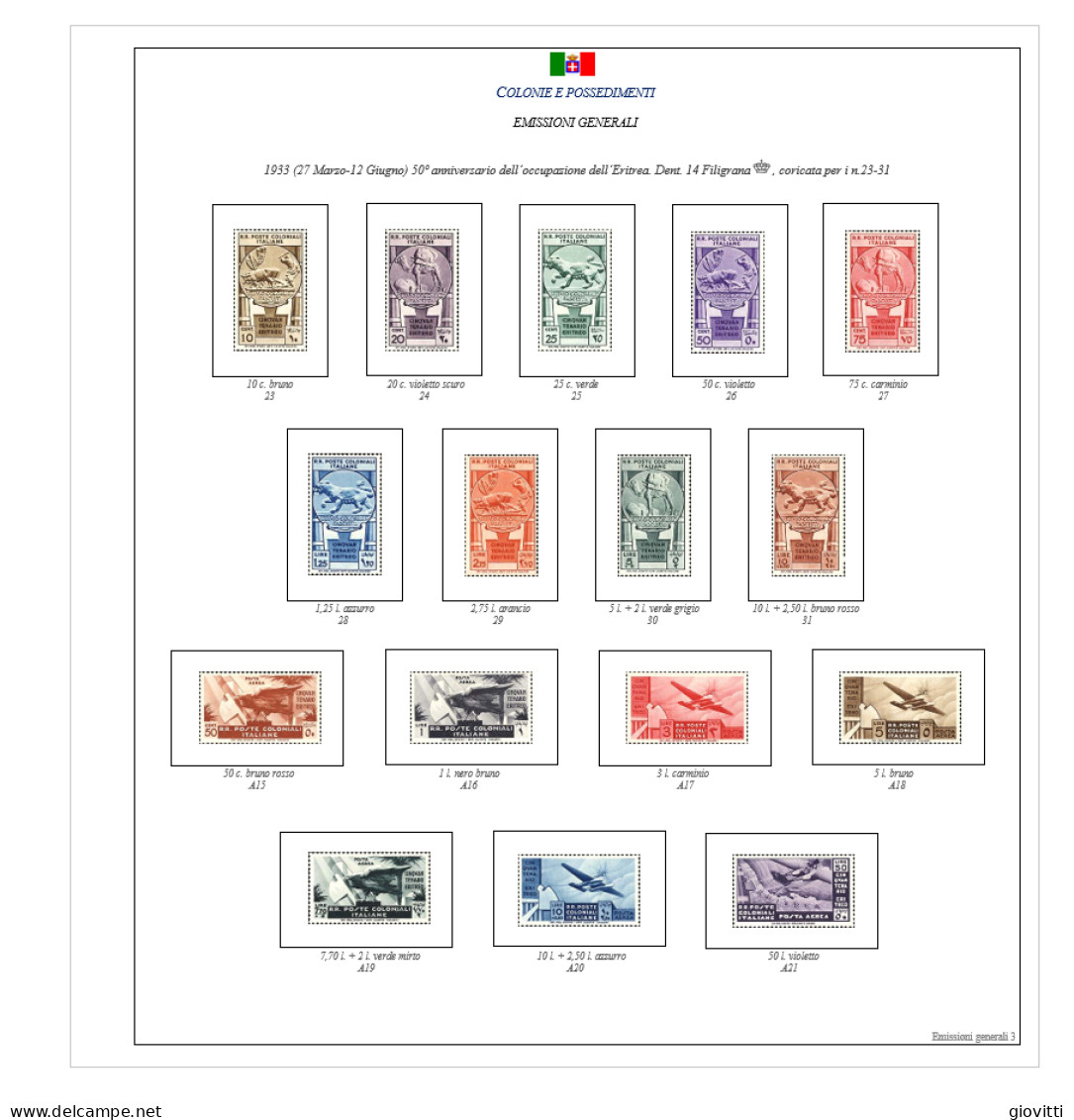 COLONIE EMISSIONI GENERALI, Fogli Per Album Autocostruiti. - Stamp Boxes