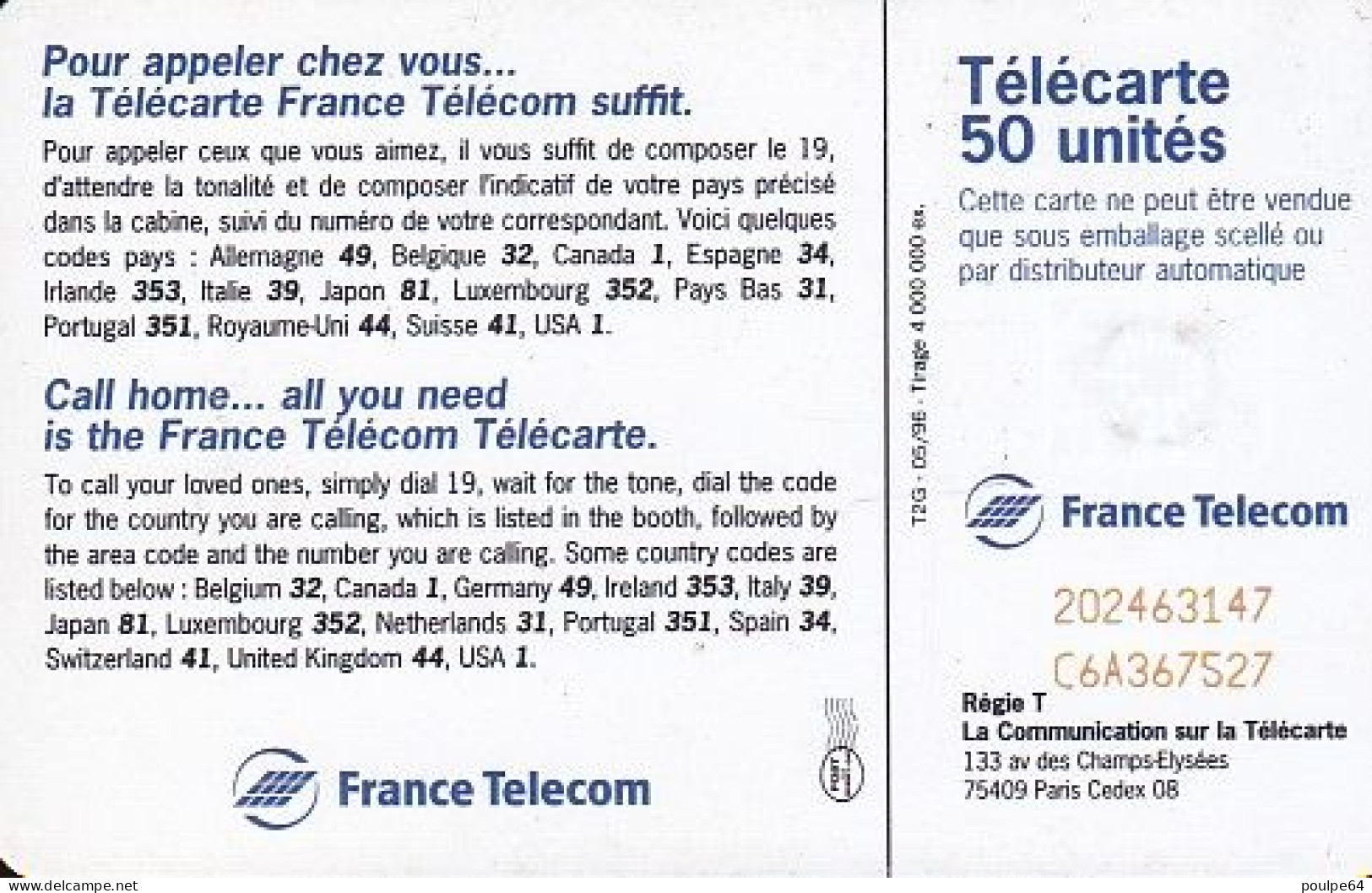 F656B 05/1996 - TÉLÉCARTE - CALL HOME 96 - 50 SC7 TG2 - (verso : N° Rouges Deux Lignes) - 1996
