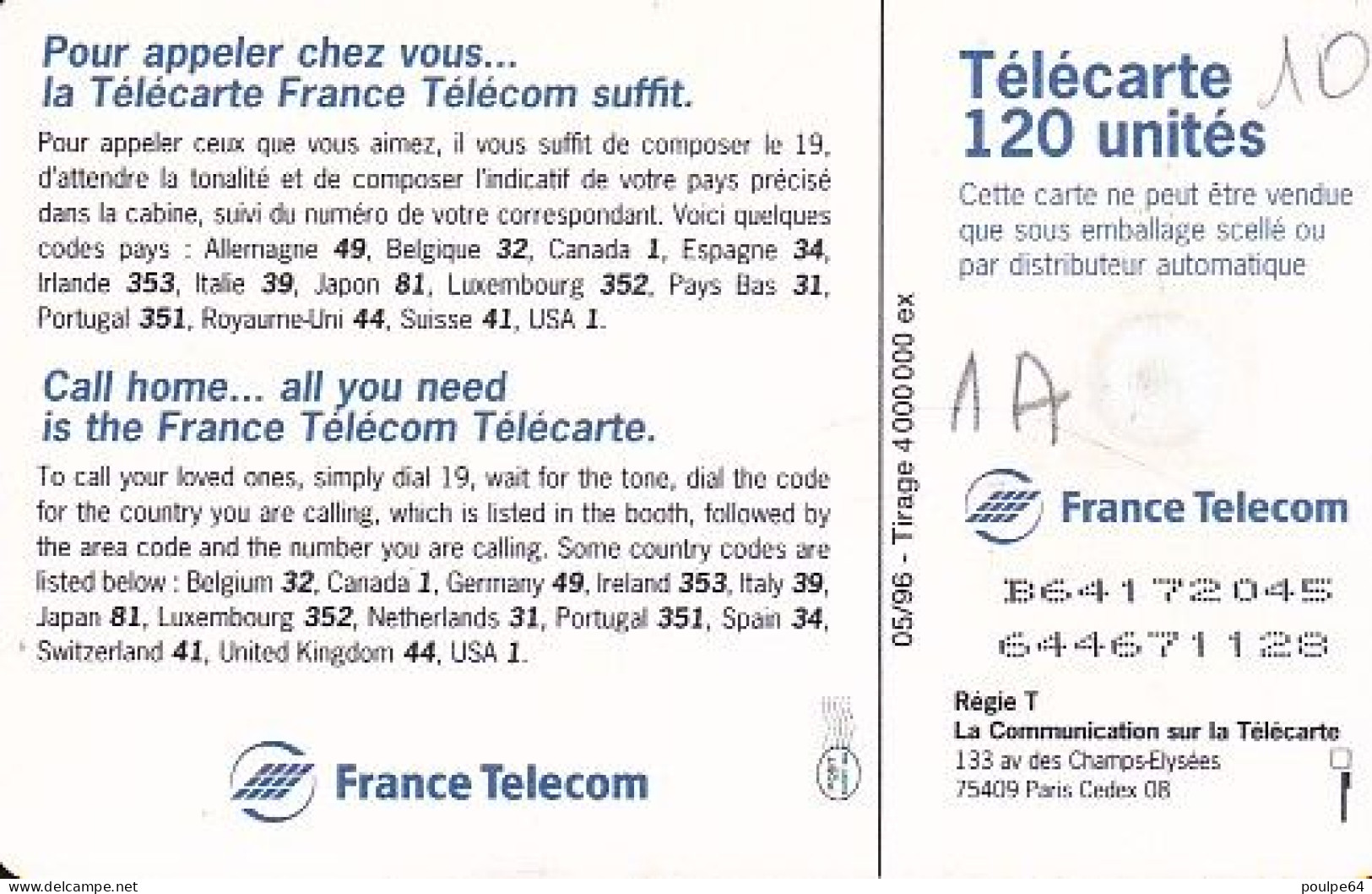 F657 05/1996 - TÉLÉCARTE - CALL HOME 96 - 120 GEM1A - 1996