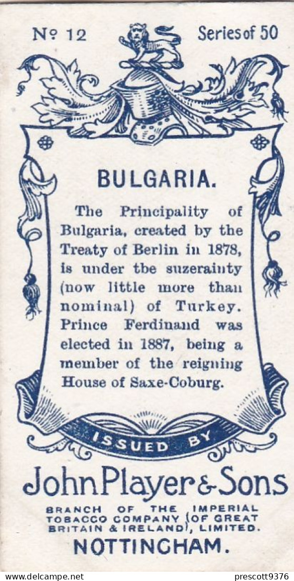 12 Bulgaria - Countries Arms & Flags 1905 - Players Cigarette Card - Original - Vexillology - Antique-VG - Player's