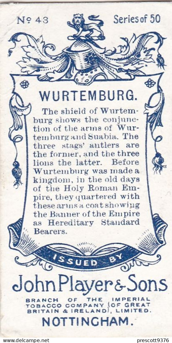 43 Wurtemburg - Countries Arms & Flags 1905 - Players Cigarette Card - Original - Vexillology - Antique-VG - Player's