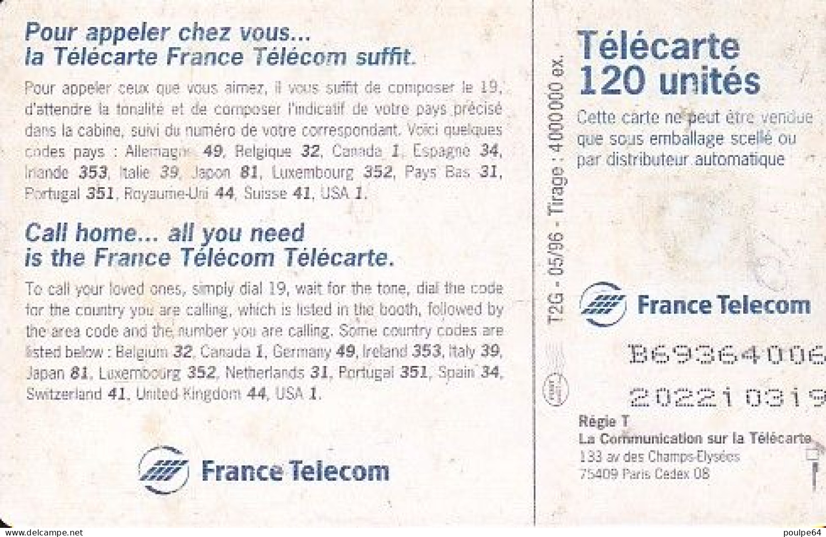 F657A 05/1996 - TÉLÉCARTE - CALL HOME 96 - 120 GEM2 TG2 - 1996