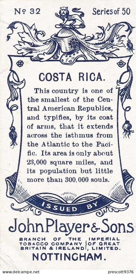 32 Costa Rica - Countries Arms & Flags 1905 - Players Cigarette Card - Original - Vexillology - Antique-VG - Player's