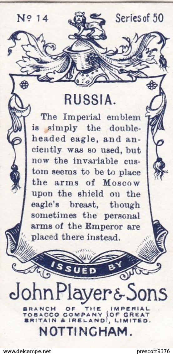 14 Russia  - Countries Arms & Flags 1905 - Players Cigarette Card - Original - Vexillology - Antique-VG - Player's