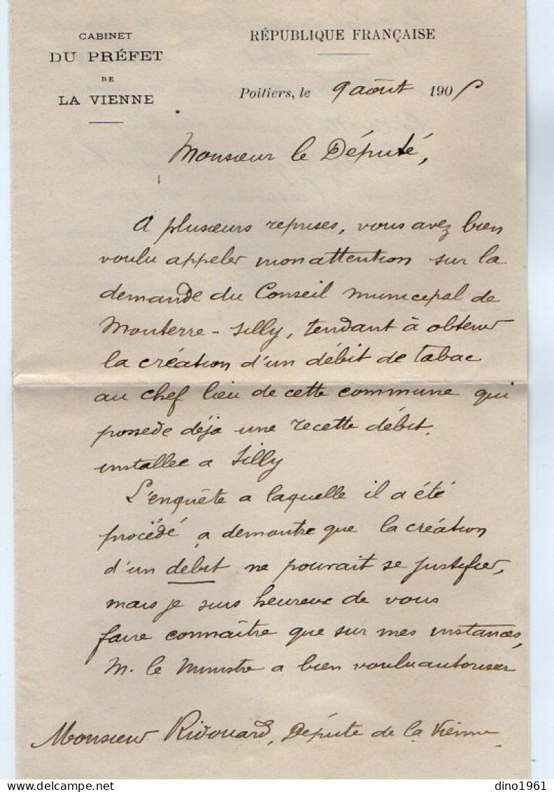 VP22.472 - POITIERS X MOUTERRE - SILLY 1905 - LAS - Lettre De M. Le Préfet A.BERSEVILLE à M.RIDOUARD,Député De La Vienne - Personaggi Storici