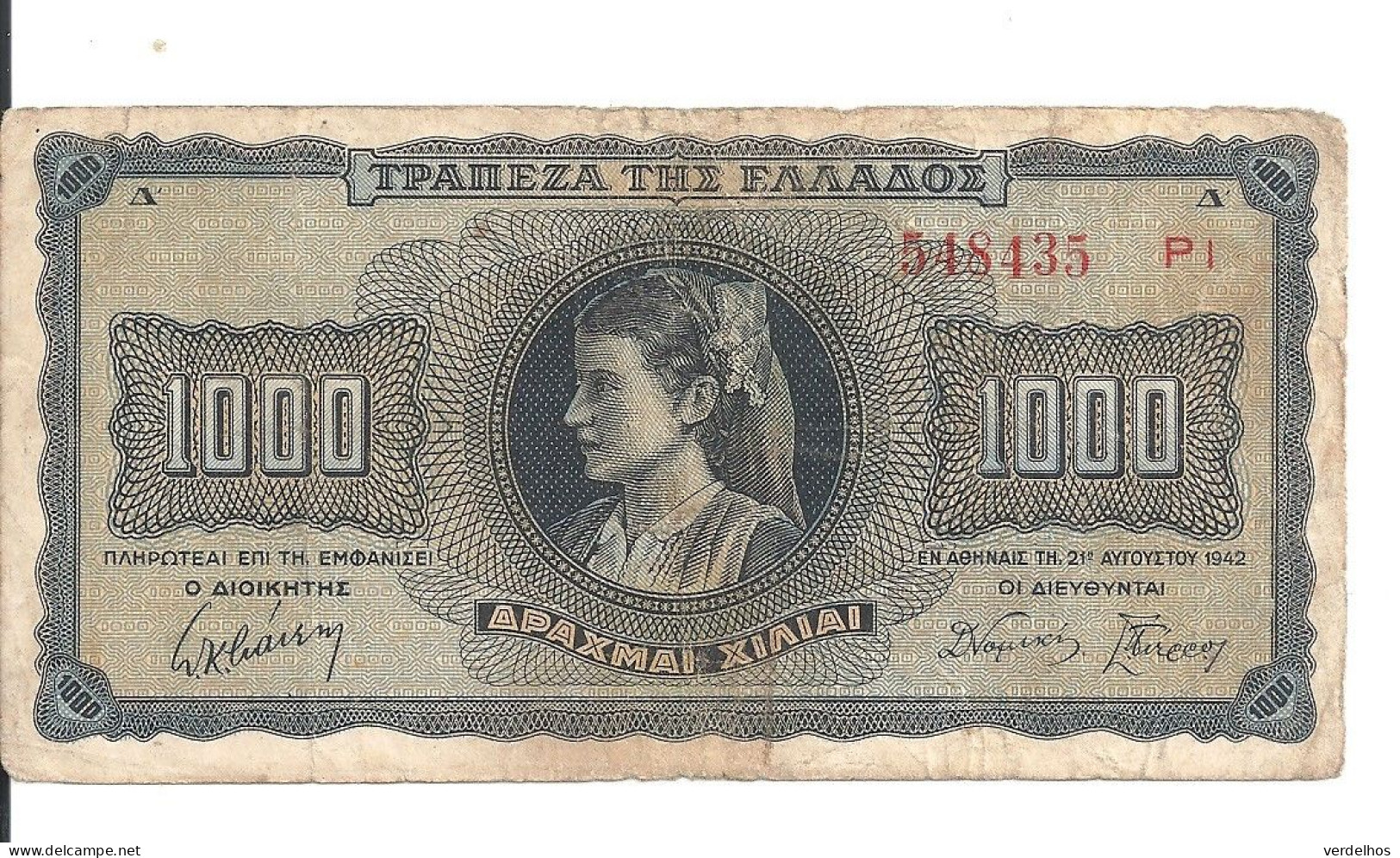 GRECE 1000 DRACHMAI 1942 VF P 118 - Grèce