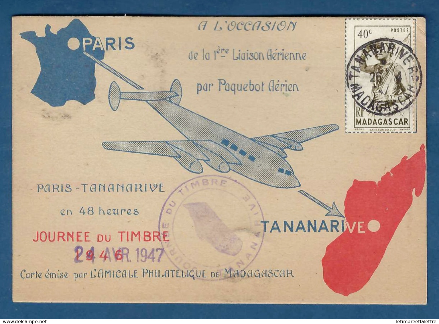 Madagascar - Première Liaison Aérienne Par Paquebot Aérien - Journée Du Timbre - En Recommandé - 1947 - Luchtpost