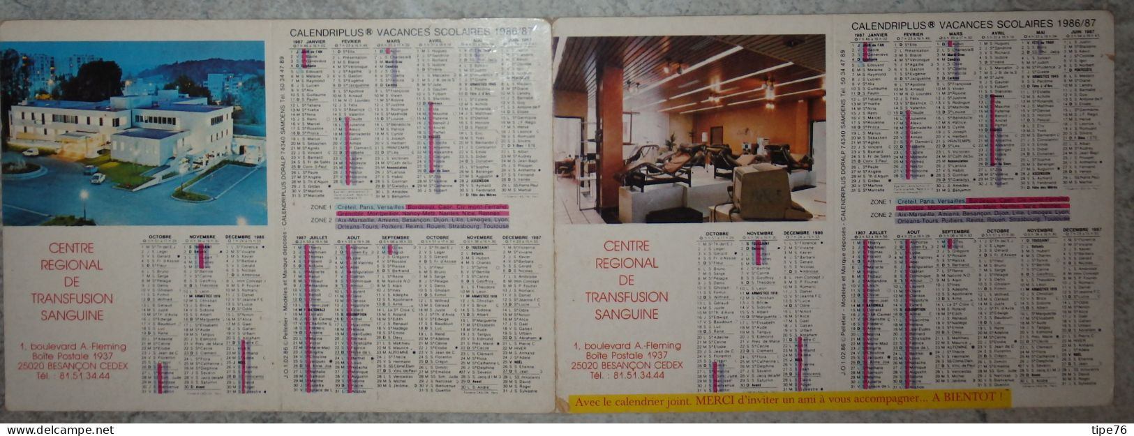 Petit Calendrier  De Poche 1987 Don De Sang Centre Régional Transfusion Sanguine  Besançon  Fougerolles - Small : 1981-90