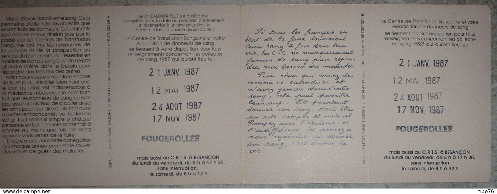 Petit Calendrier  De Poche 1987 Don De Sang Centre Régional Transfusion Sanguine  Besançon  Fougerolles - Small : 1981-90