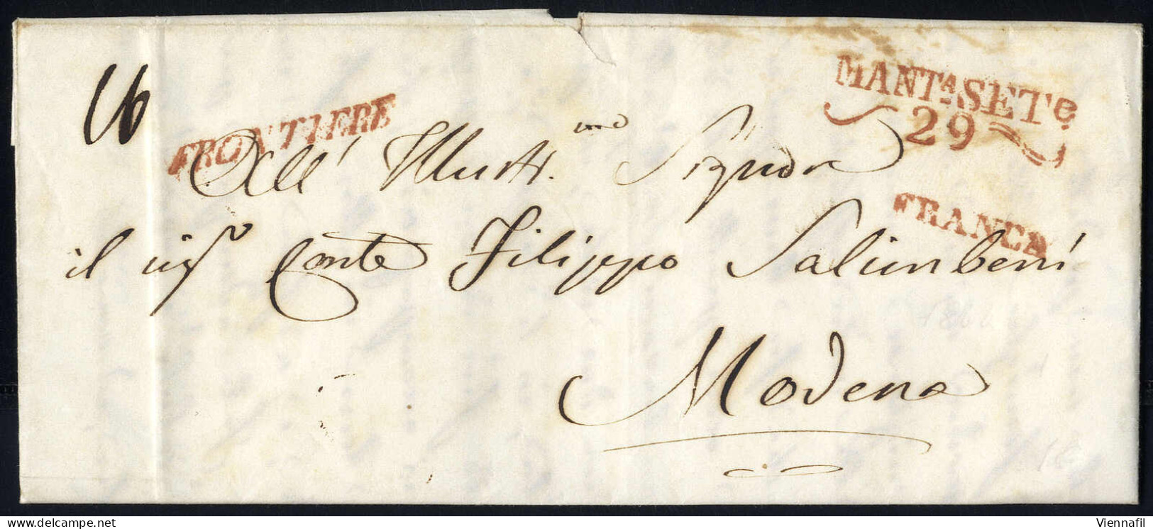 Cover 1844, Lettera Da Mantova 29.9.1844 Affrancata Fino Al Confine Per Modena, Tassa "6" Kr. Sul Verso, Annulli In Ross - Lombardije-Venetië