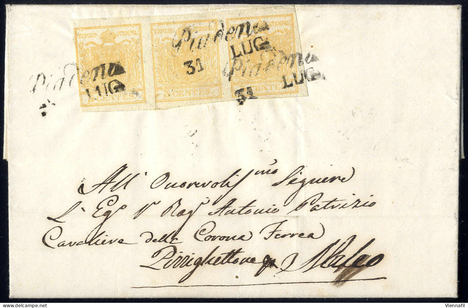 Cover 1850, 5 Cent. Giallo Ocra, Striscia Di Tre, Su Lettera Da Piadena 31.7.1856 Per Maleo (Sass. 1) - Lombardo-Veneto