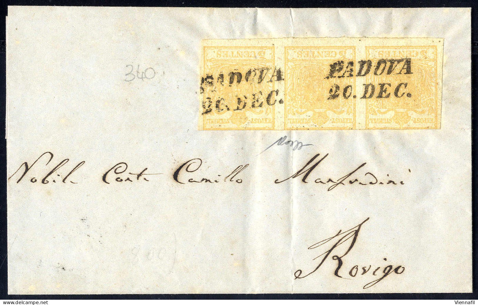 Cover 1850, 5 Cent, Giallo Arancio Chiaro, Striscia Di Tre (a Filo In Alto) Su Lettera Da Padova Per Rovigo, Firm. Caffa - Lombardo-Veneto