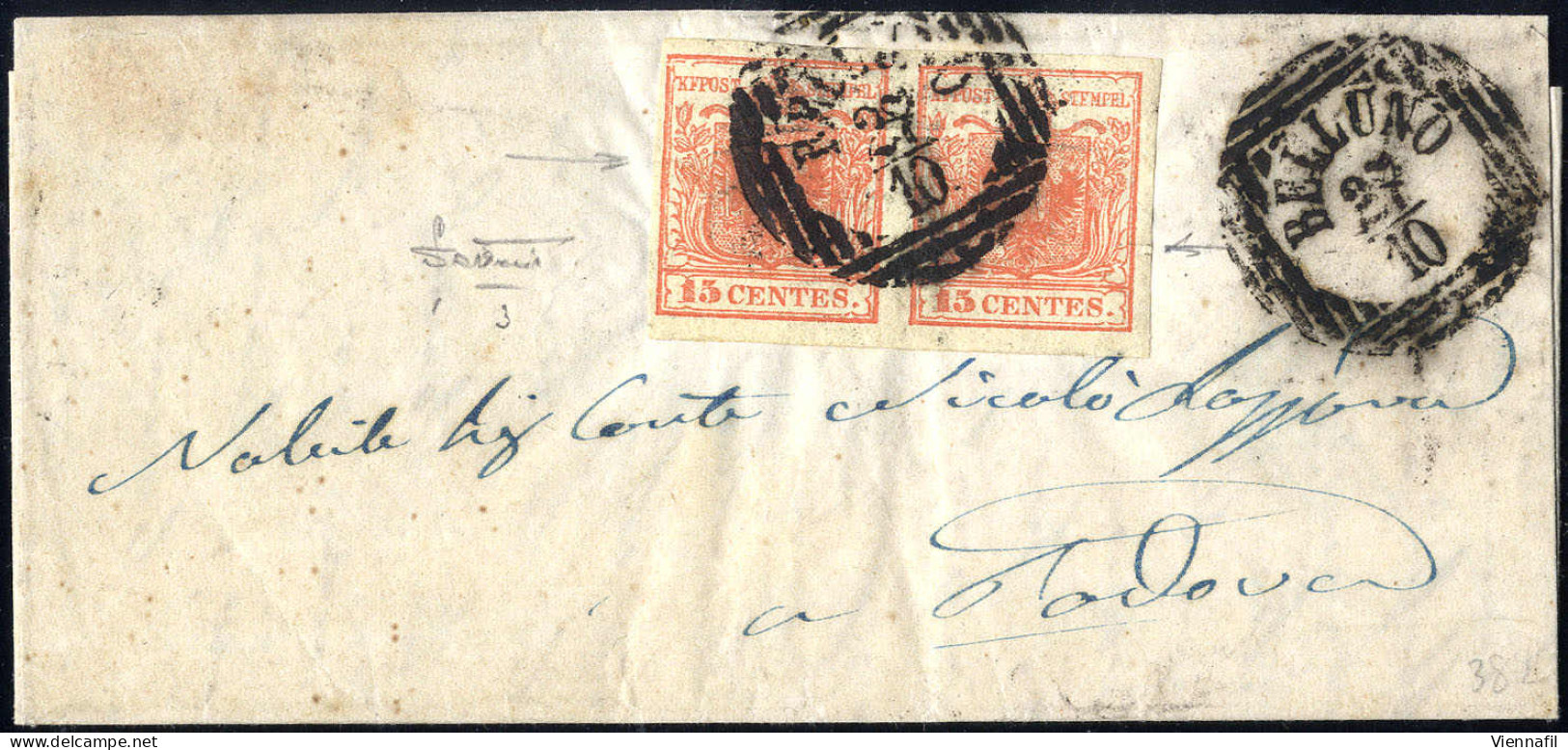 Cover 1850, "Pieghe Di Carta", 15 Cent. Rosso, Coppia Su Lettera Con Diffuse "pieghe Orizzontali", Splendida, Firm. Sott - Lombardije-Venetië