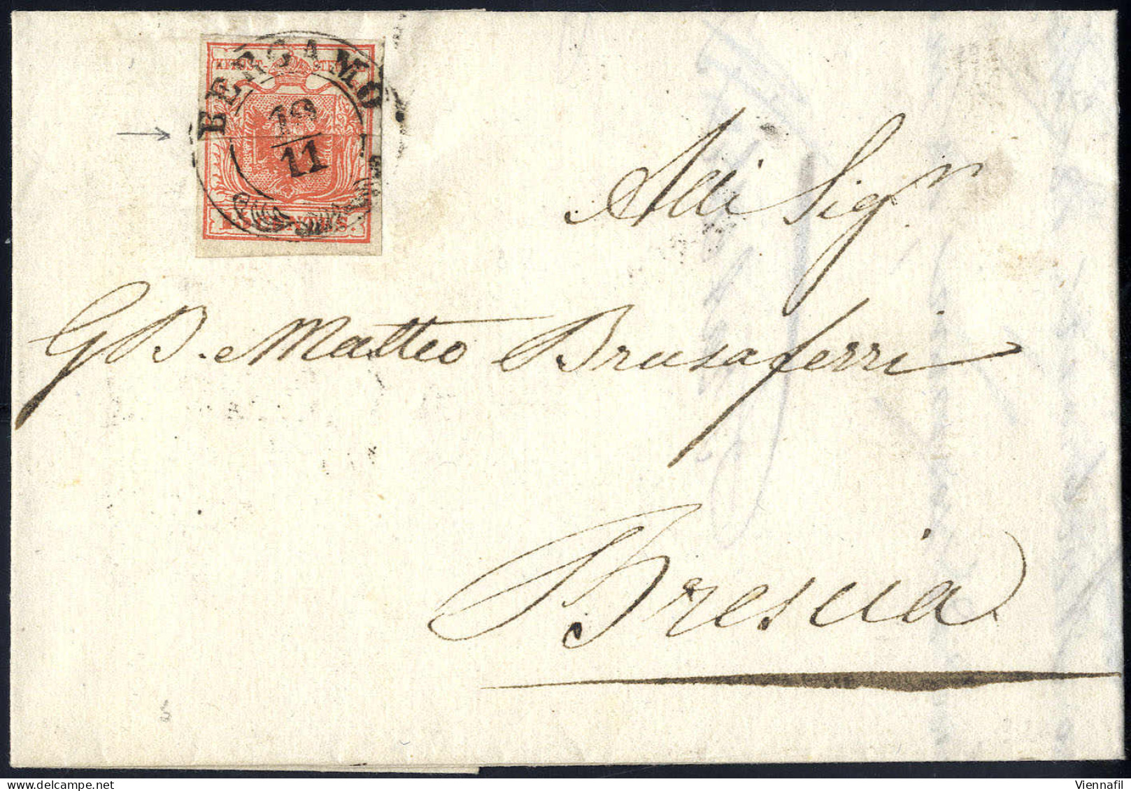 Cover 1850, "Pieghe Di Carta", 15 Cent. Rosso, Piega Centrale A Soffietto, Su Lettera Da Bergamo 19.11.1850 Per Brescia  - Lombardo-Venetien