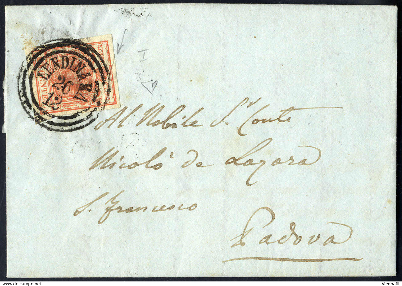 Cover 1850, "Pieghe Di Carta", 15 Cent. Rosso, Primo Tipo, Su Lettera Da Lendinara 26.12.1851, Firm. E. Diena (Sass. 3) - Lombardy-Venetia