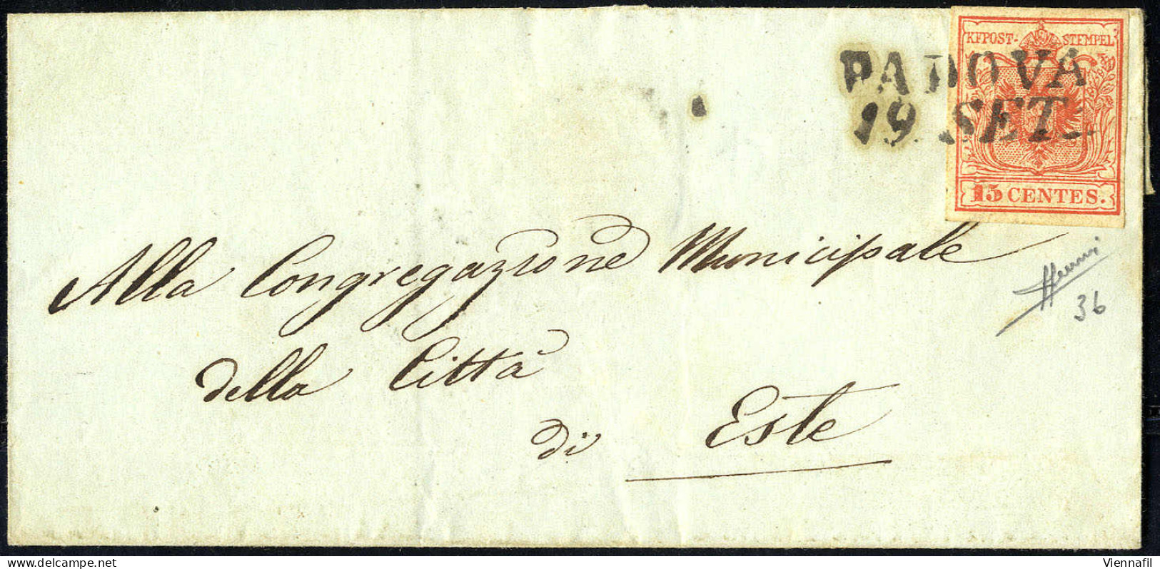 Cover 1850, 15 Cent. Rosso Carminio, Prima Tiratura, Su Lettera Da Padova, Firm. Sorani (Sass. 3b - ANK 3HI - Erstdruck) - Lombardy-Venetia