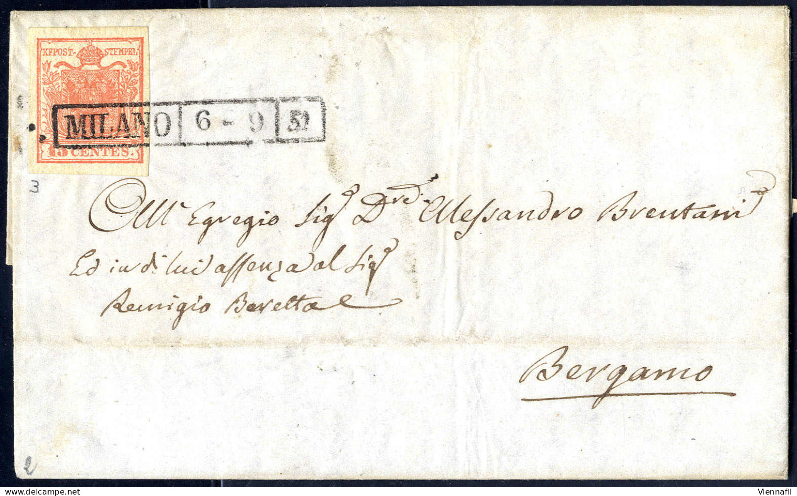 Cover 1850, 15 Cent. Rosso Su Lettera Da Milano 6.9.1851 (Sass. 3 - ANK 3HI) - Lombardy-Venetia