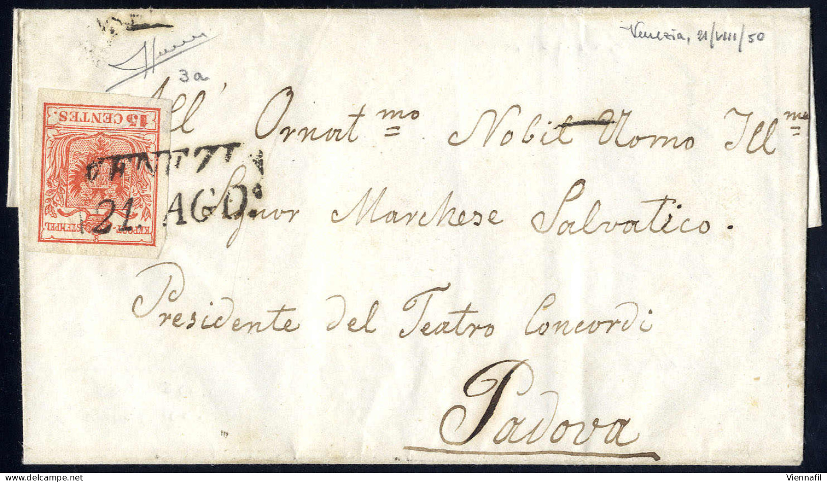 Cover 1850, 15 Cent. Rosso, Prima Tiratura, Su Lettera Da Venezia, Firm. Sorani (Sass. 3a - ANK 3HI - Erstdruck) - Lombardije-Venetië