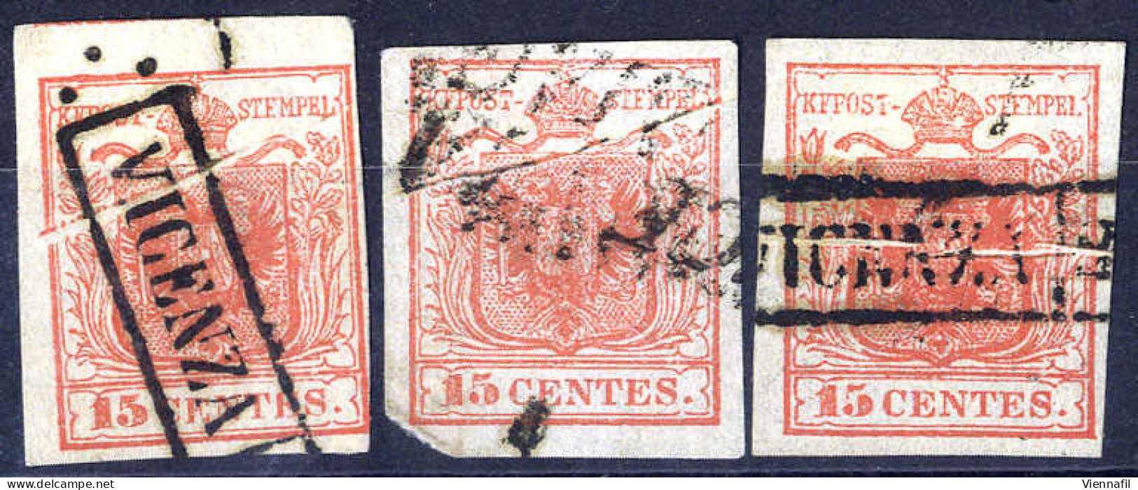 O 1854, "Pieghe Di Carta", 15 Cent. Rosso, Primo Tipo, Tre Esemplari Con Vistose Pieghe (Sass. 3) - Lombardy-Venetia