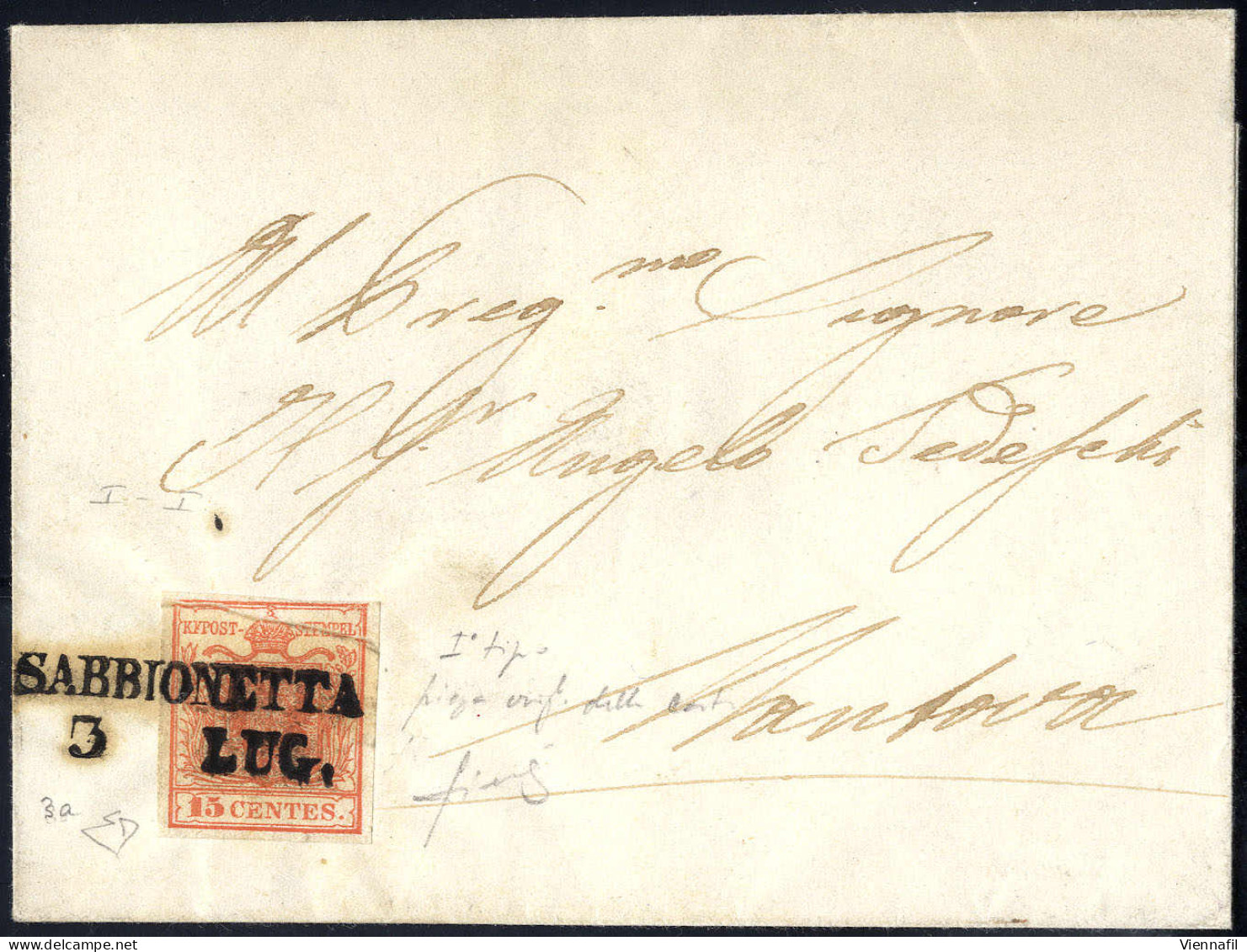 Cover 1850, "Pieghe Di Carta", 15 Cent. Rosso, Prima Tiratura, Piega Naturale Di Carta In Alto, Su Lettera Di Sabbionett - Lombardy-Venetia