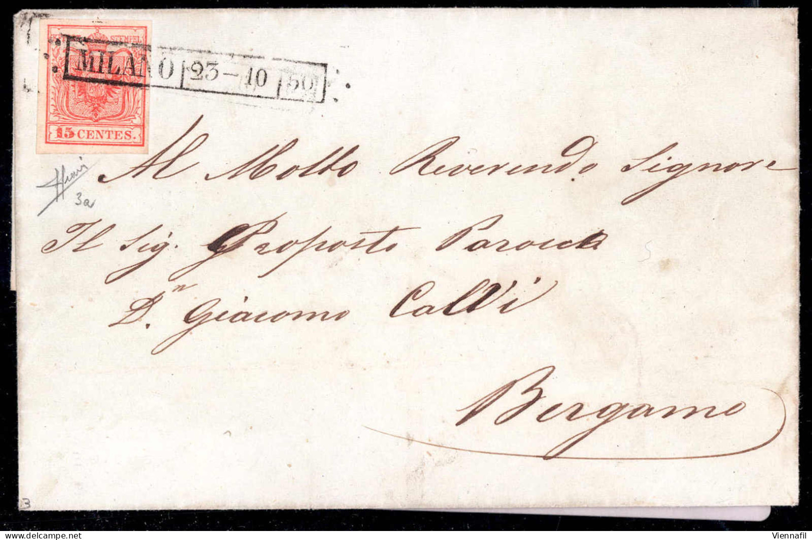 Cover 1850, 15 Cent. Rosso, Prima Tiratura, Su Lettera Da Milano 23.10.1850, Firm. Sorani (Sass. 3a - ANK 3HI Erstdruck) - Lombardy-Venetia