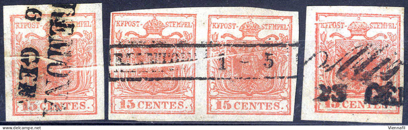 O 1854, "Pieghe Di Carta", 15 Cent. Rosso Vermiglio, Due Esemplari Ed Una Coppia Con Vistose Pieghe (Sass. 3e) - Lombardy-Venetia