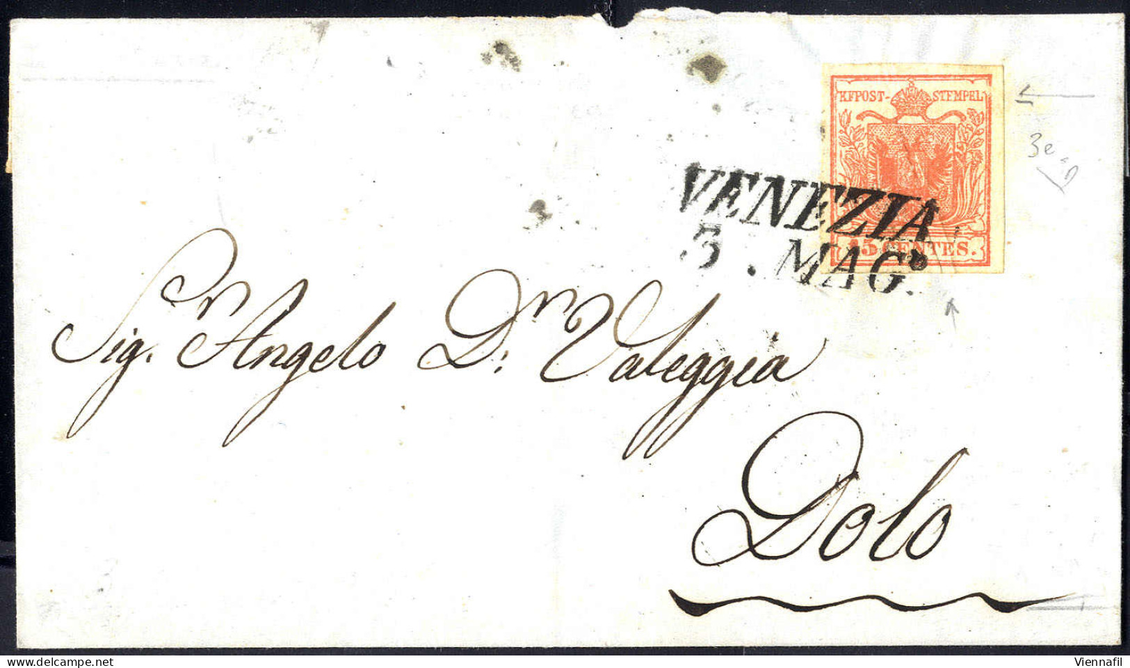 Cover 1854, "Pieghe Di Carta", 15 Cent. Rosso Vermiglio, Piega Orizzontale, Su Lettera Da Venezia 3.5.1851 Per Dolo, Fir - Lombardije-Venetië