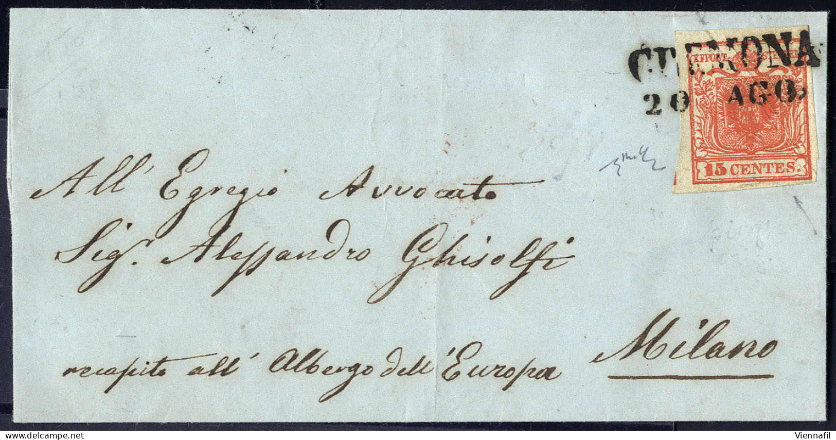 Cover 1850, "Pieghe Di Carta", 15 Cent. Rosso Vermiglio Intenso, Primo Tipo, Su Lettera Da Cremona 20.8.1851 Per Milano  - Lombardije-Venetië