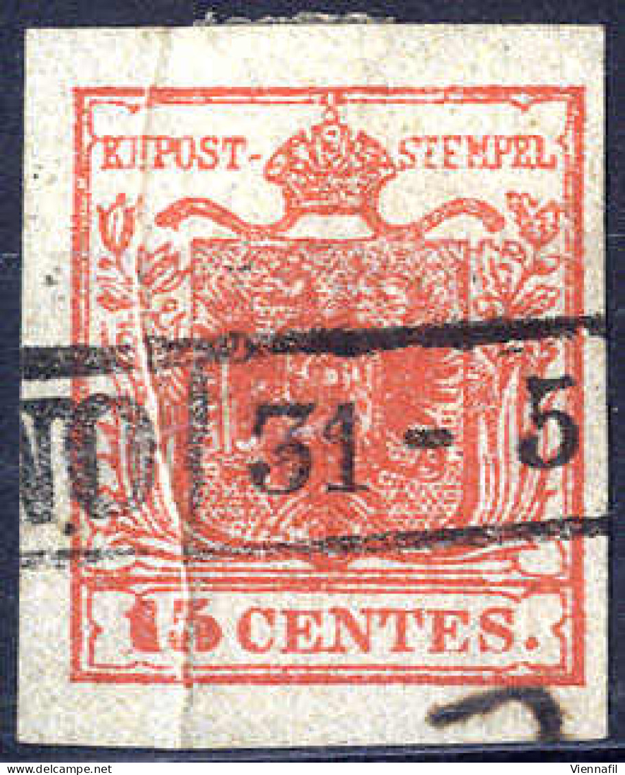 O 1850, "Pieghe Di Carta", 15 Cent. Rosso Vermiglio, Firm. E. Diena (Sass. 4) - Lombardije-Venetië