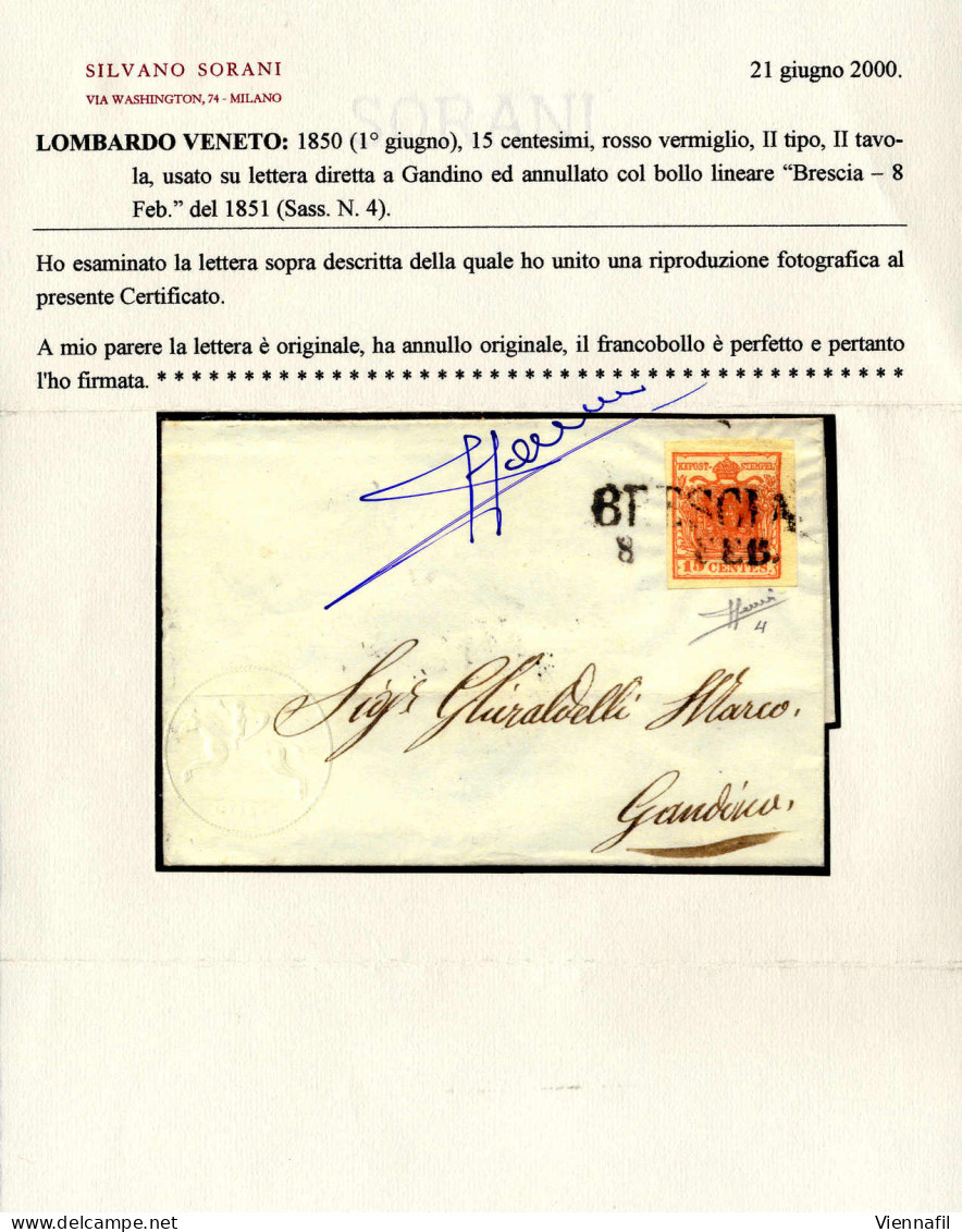Cover 1850, 15 Cent. Rosso Vermiglio, Secondo Tipo, Su Lettera Da Brescia, Cert. Sorani (Sass. 4) - Lombardy-Venetia