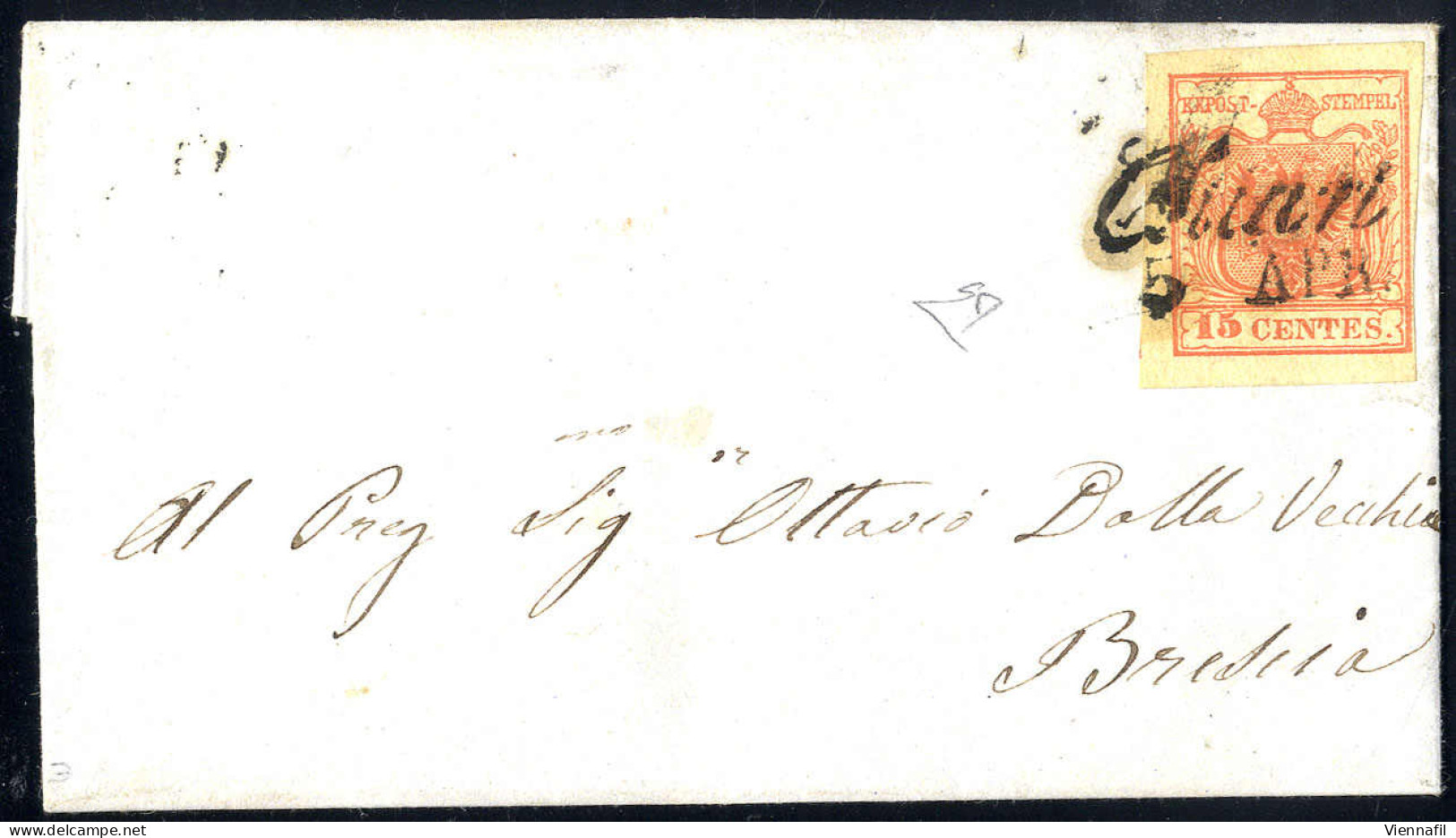 Cover 1850, 15 Cent. Rosso Vermiglio, Secondo Tipo, Su Lettera Da Chiari, Cert. E. Diena (Sass. 4) - Lombardo-Venetien