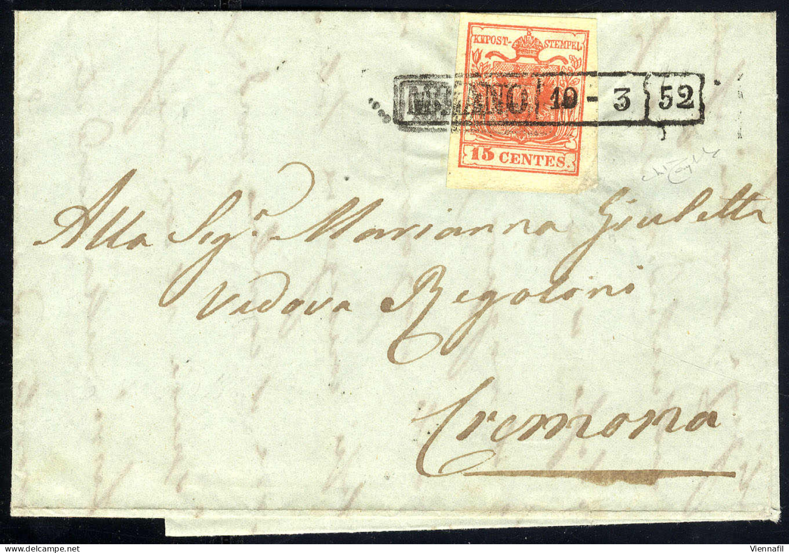 Cover 1850, 15 Cent. Rosso Vermiglio, Secondo Tipo, Su Lettera Da Milano 10.3.1852 (Sass. 4 - ANK 3HIIa) - Lombardo-Veneto