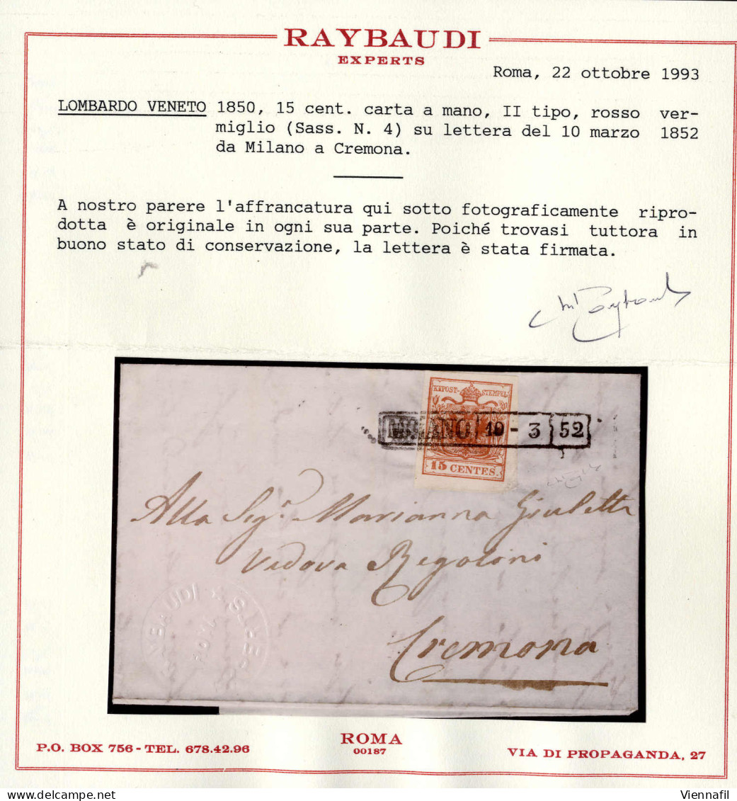 Cover 1850, 15 Cent. Rosso Vermiglio, Secondo Tipo, Su Lettera Da Milano 10.3.1852 (Sass. 4 - ANK 3HIIa) - Lombardo-Veneto